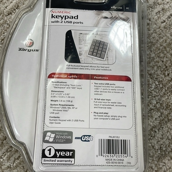 TARGUS | NWT TARGUS NUMERIC KEYPAD WITH 2 USB PORTS, PLUG AND PLAY - Picture 3 of 3